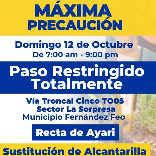 El domingo restringen paso vehicular en sector La Sorpresa de la Troncal 5